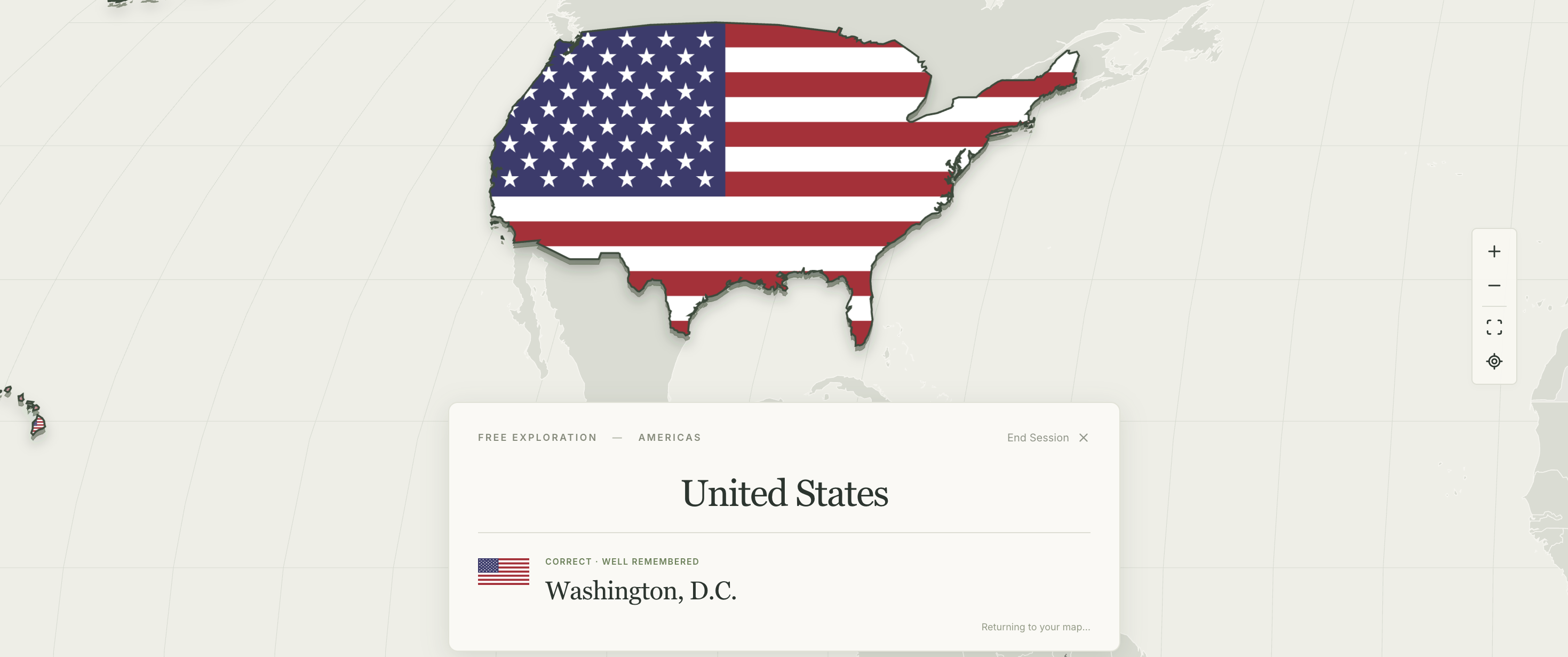 Capital Check showing the highlighted United States and a correct answer card for Washington, D.C.
