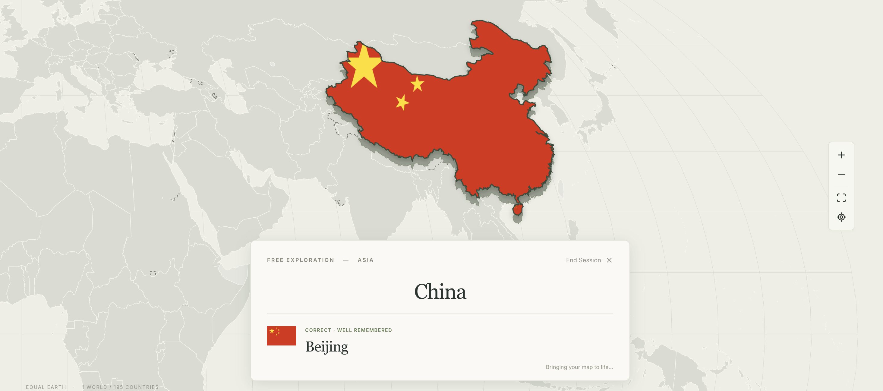 首都检测实际界面：中国地图高亮显示，下方答案卡展示北京，并提示回答正确