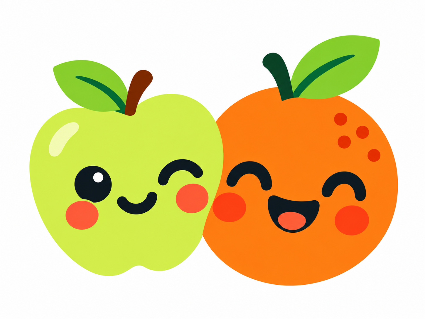 Pippin Orange’s smiling apple and orange characters, side by side.